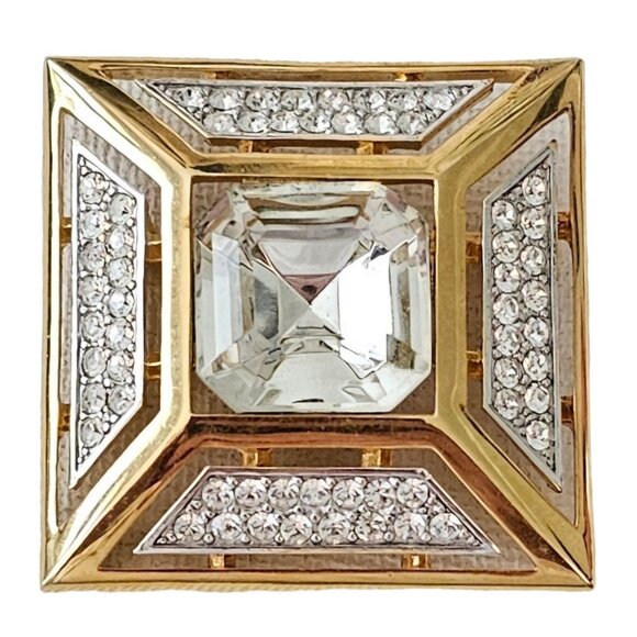 Jones New York Gold Tone Clear Rhinestone Square Open Brooch, Signed L357 - Picture 8 of 8